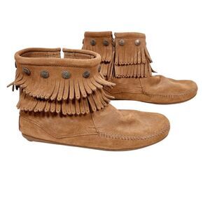 Minnetonka Double Fringe Side Zip Boot Ankle Bootie Moccasin Size 10